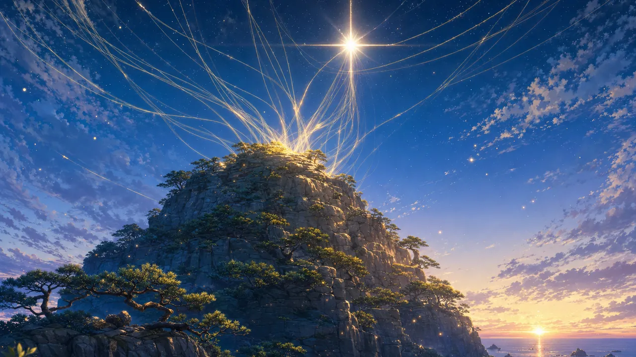 夜明け前に輝く星を、岩山から伸びる糸のような光がやさしく包むイメージイラスト