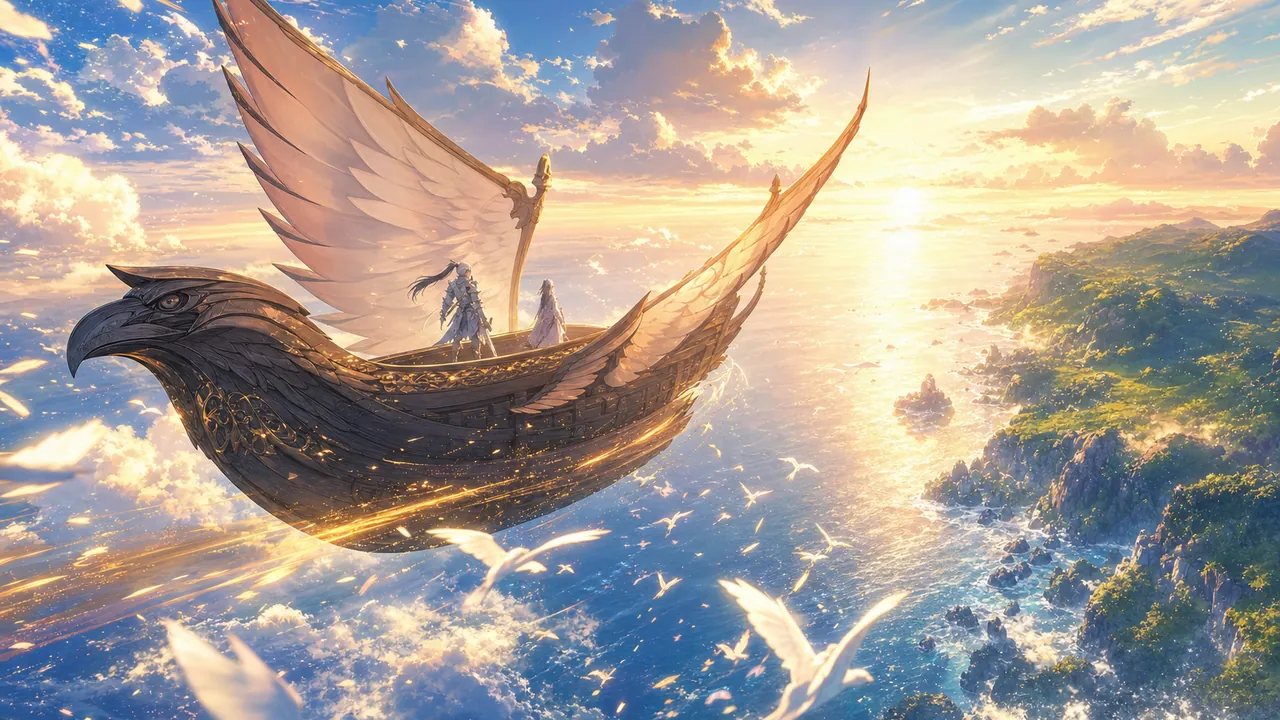 鳥の翼のような帆を持つ古代の船が、朝焼けの海の上を飛ぶように進むイメージイラスト
