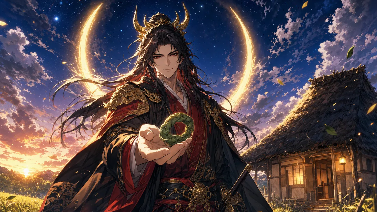 夕暮れの農家の前で、牛の角をかたどった金の冠をいただき、茅の輪を差し出す牛頭天王のイメージイラスト