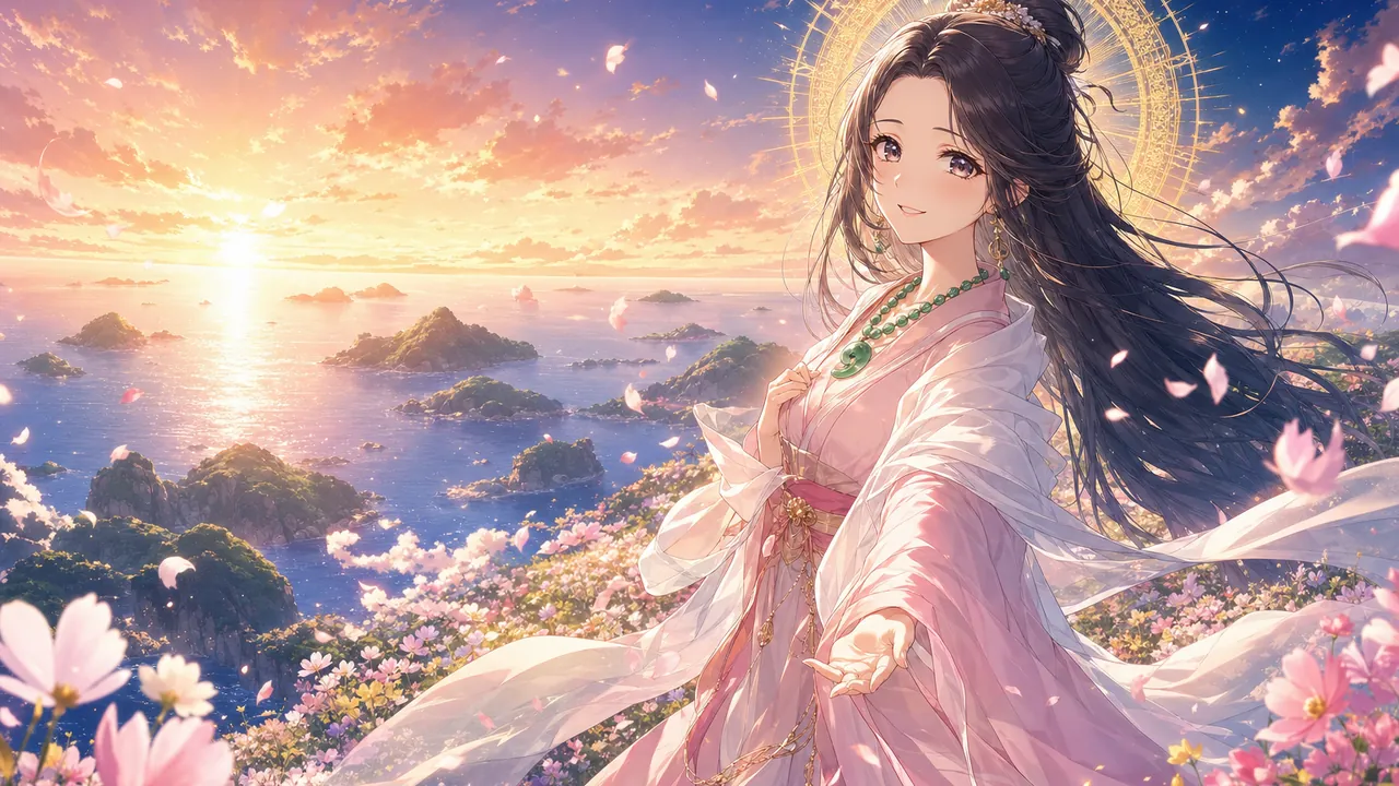 夕暮れの丘で、花びらの舞う中から島々を見守る伊邪那美命のイメージイラスト