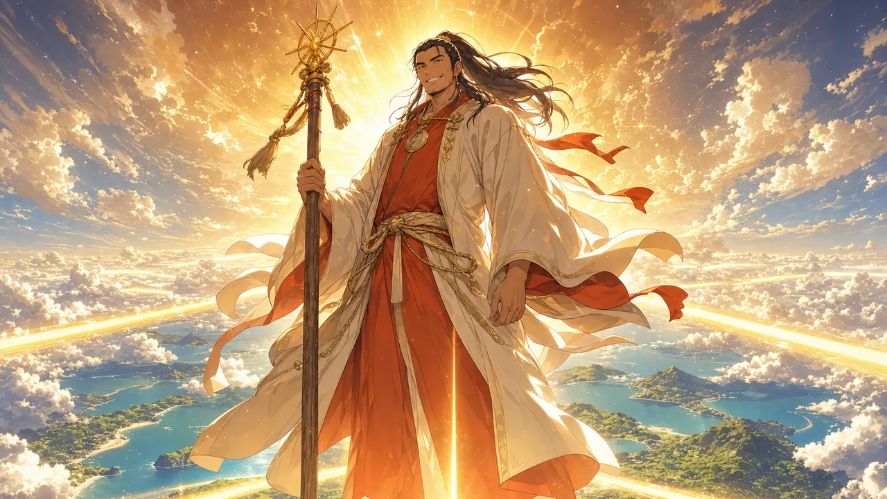 雲の上の光の分かれ道に杖を持って立ち、天と地を照らす猿田毘古神のイメージイラスト