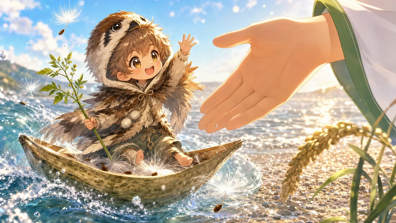 朝の波打ち際を、実の殻の小舟に乗った手のひらサイズの少彦名神が手をふりながらやって来るイメージイラスト