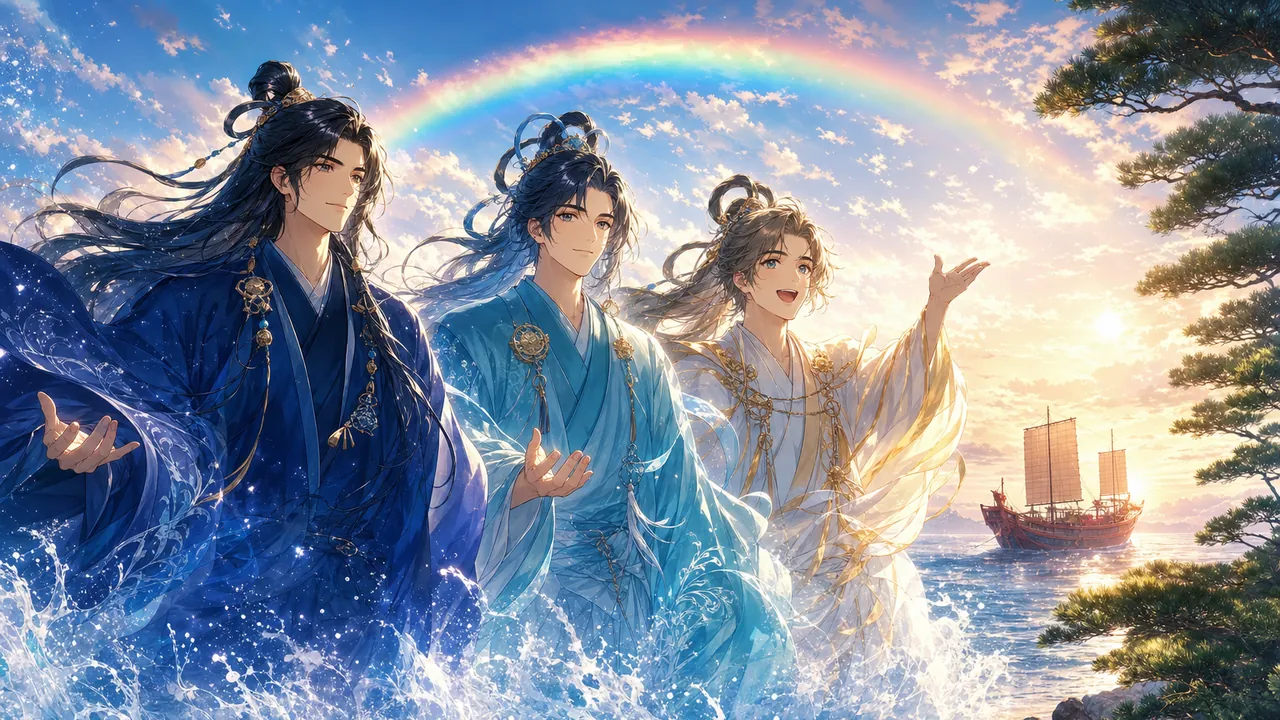 朝日の海から三柱そろって現れる住吉三神と、遠くを進む遣唐使船、白砂の松のイメージイラスト