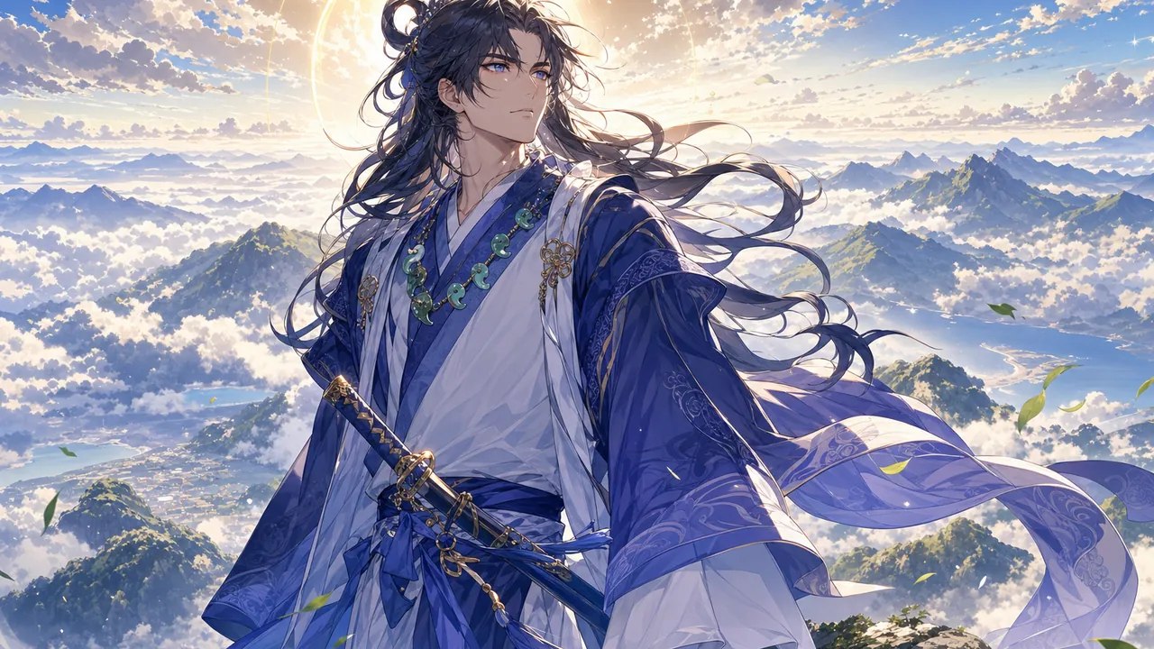 幾重にもわき立つ雲と出雲の山並みを背に、風に髪と衣をなびかせる須佐之男命のイメージイラスト