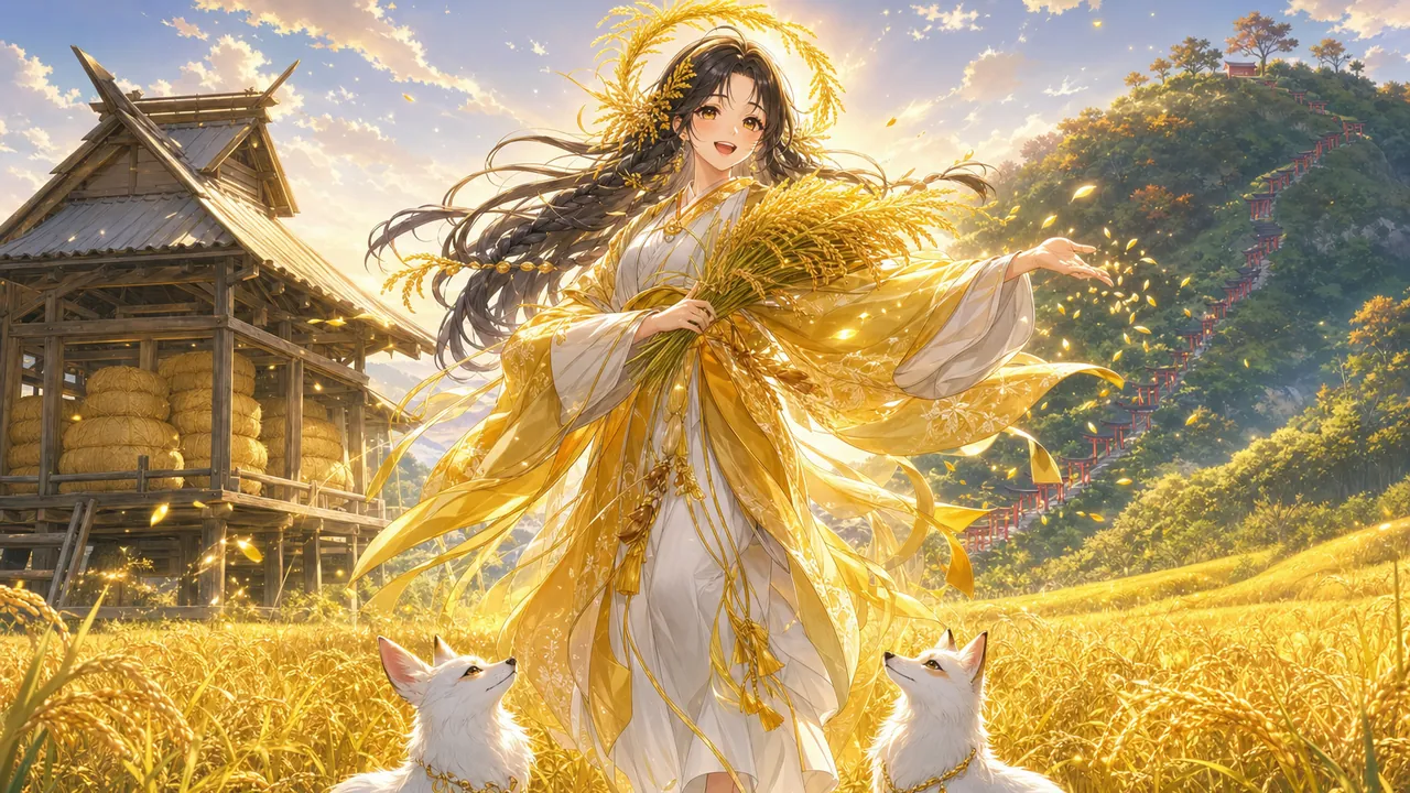 秋の黄金の田んぼで稲束を抱く宇迦之御魂神と、見上げる二匹の白いキツネのイメージイラスト