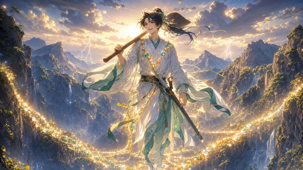 夕暮れの二つの谷をまたぐ光の玉の連なりの上に立つ阿遅鉏高日子根神のイメージイラスト