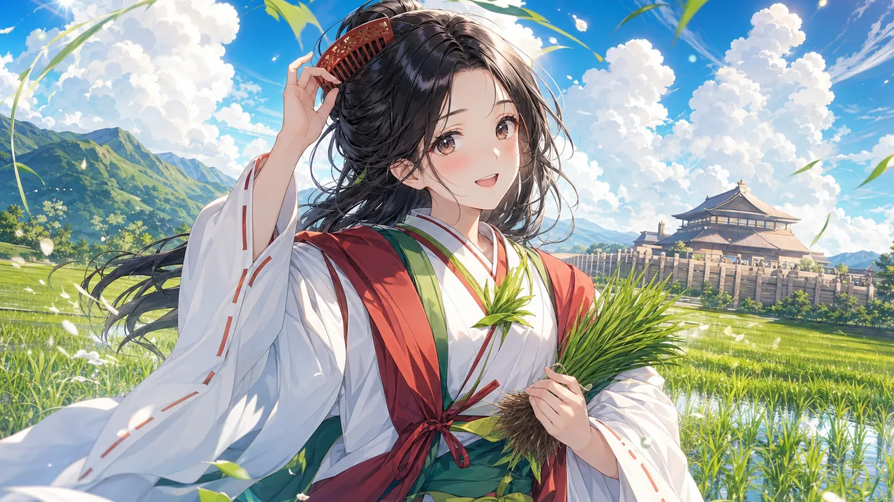 夏の出雲の青い稲田で、髪に赤い櫛をさし、八重の雲を背にほほえむ稲田姫命のイメージイラスト